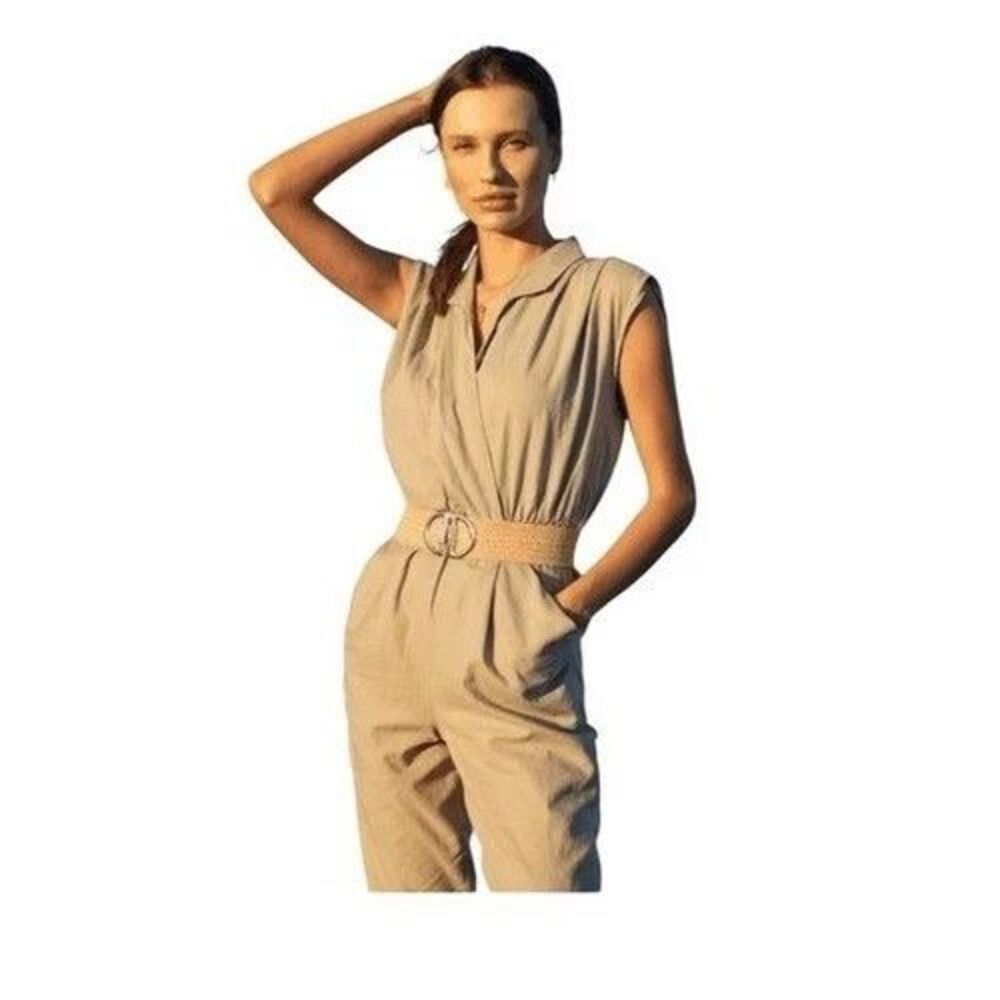 Downeast Frankie Surplus Jumpsuit Khaki Tan Linen Mix Womens sz XL